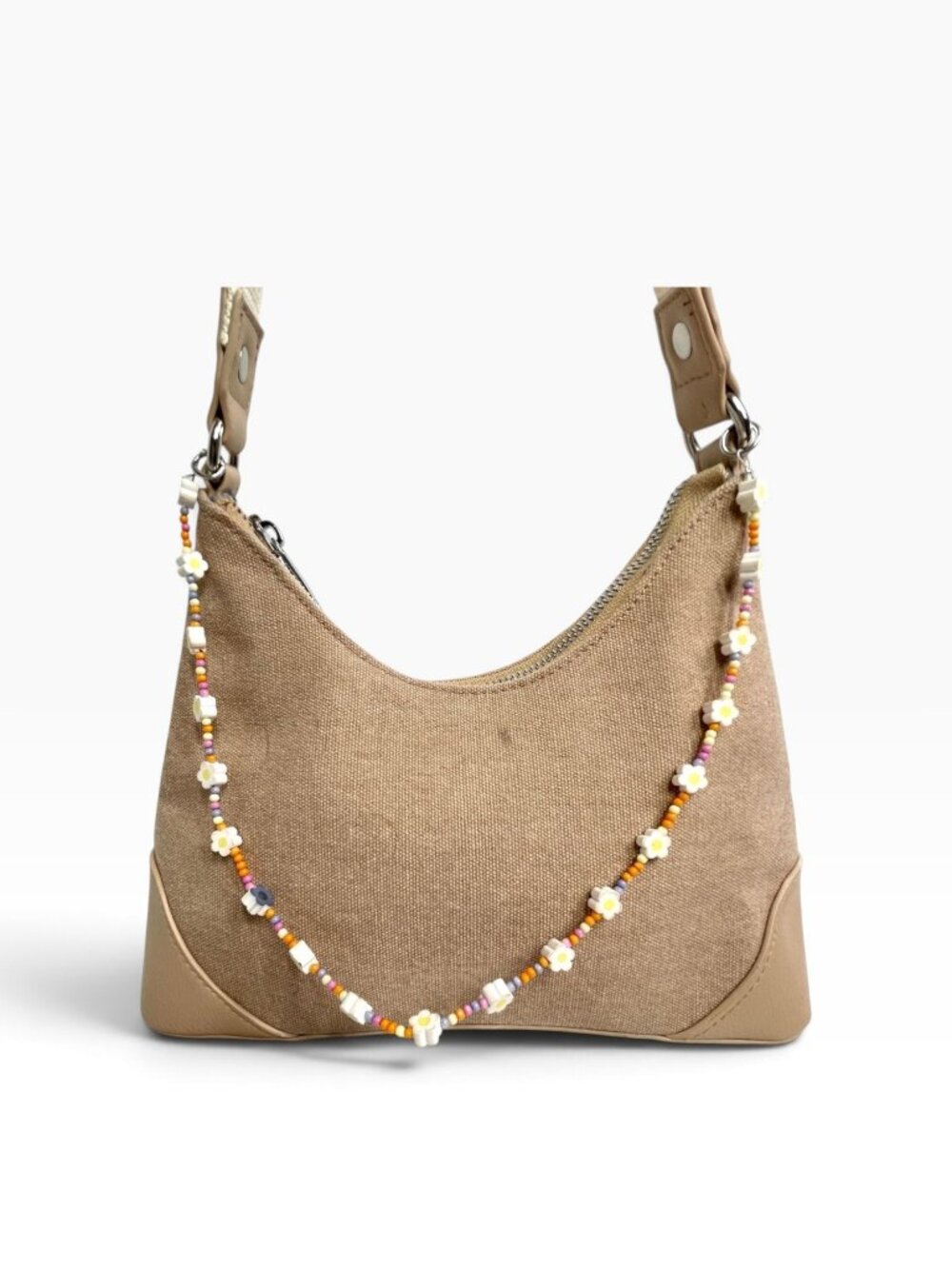 Wild Fable Beige Canvas Shoulder Bag With Beaded Strap & Adjustable Strap